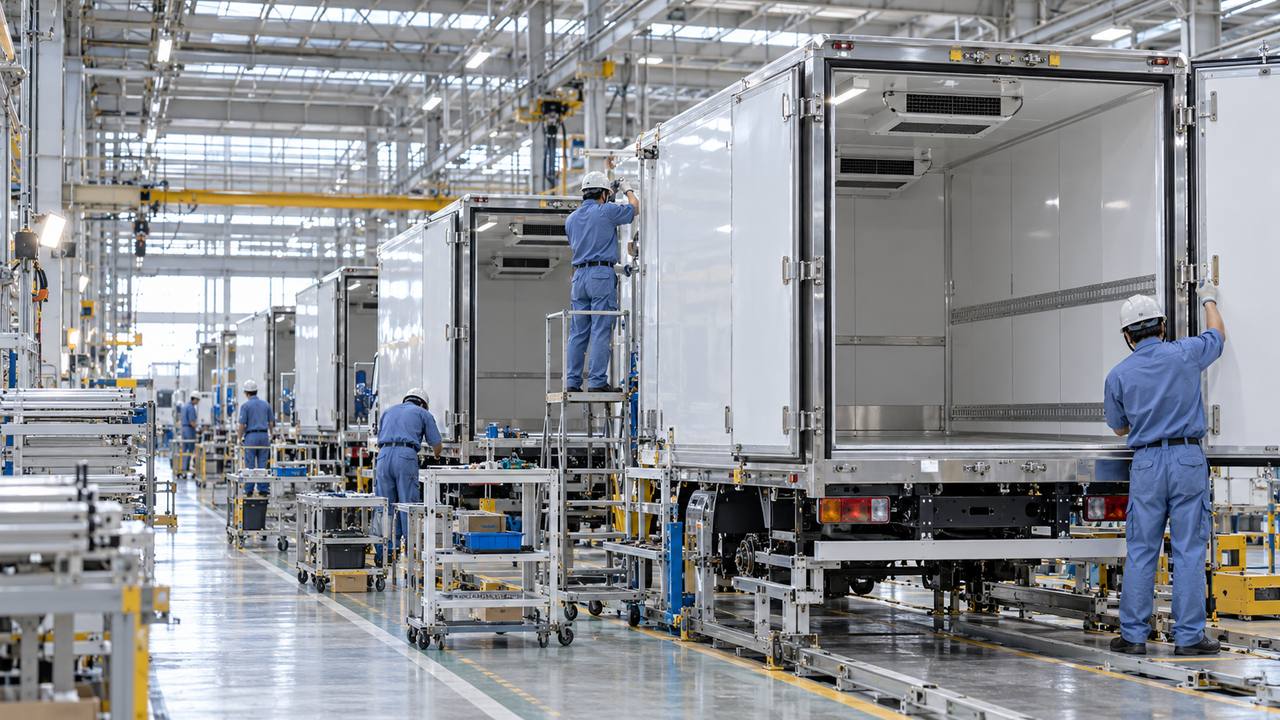 工場内で保冷車のボディを組み立てている様子（イメージ）